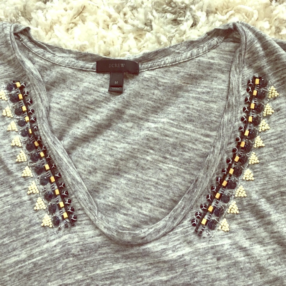 J CREW Beaded Embellished V Neck T Shirt Sz L